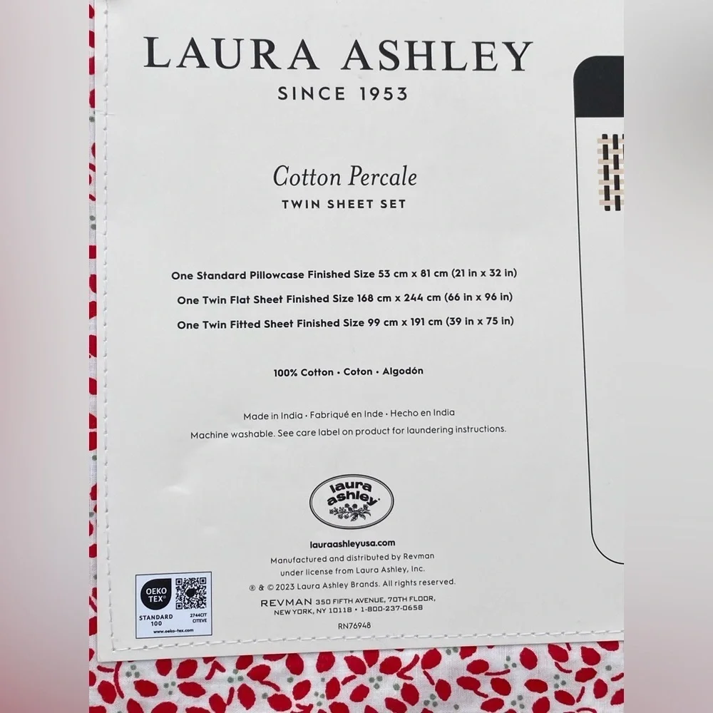 Laura Ashley Jolly Holly Holiday Red Floral TC200 Cotton TWIN Sheet Set 3pc